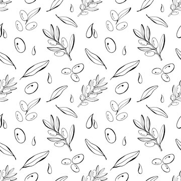 Olive line seemless pattern. Vector branch, sketch fruits, foliage and flower. Graphic monochrome collection. Organic food, oil. For label, border, wrapping papper. Isolated on white background.