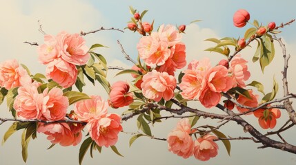 Fruit tree branch watercolor illustration on cotton paper. Very soft colors