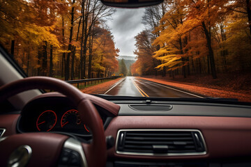Fototapeta na wymiar serene drive through a road surrounded by trees showcasing the vibrant colors of autumn, road are lined with trees displaying autumn foliage