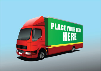 Vector 3d illustration of red-green truck on the road. Lorry