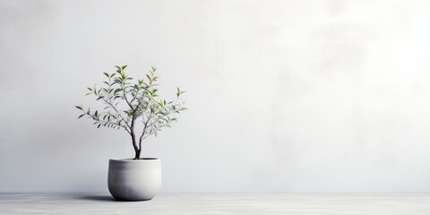 white treepot with minimal tree leaf and copyspace with sun shadow and texture shadow on the white wall product display template background