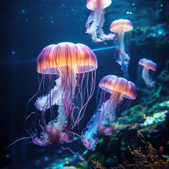 Glowing jellyfish underwater. Neon jellyfish