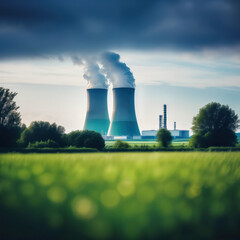 Nuclear power station with steaming cooling towers and green field