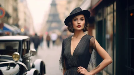 Foto op Aluminium young beautiful woman dressed in a shiny dress in the style of the 20s against the backdrop of a European city Paris, retro style, vintage outfit, elegant girl, hair decoration, jewelry, lady © Julia Zarubina