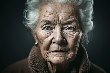 A Portrait of Time: Elderly Woman with White Hair and Blue Eyes in a Brown Coat, ai generative