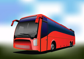 Red  tourist or City bus on the road. Coach. Vector 3d illustration