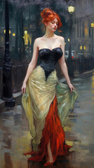 Abstract Oil Pianting of Beautiful a Dark Dramatic Old Fashioned Female Character on Street Cotemporary Background