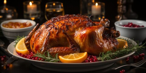 Thanksgiving turkey on a holiday table and berries. Dark blurred background. - obrazy, fototapety, plakaty
