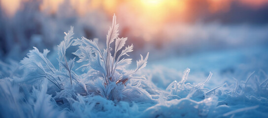 Winter season outdoors landscape, frozen plants in nature on the ground covered with ice and snow, under the morning sun - Seasonal background for Christmas wishes and greeting card