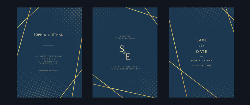 Luxury invitation card background vector. Golden elegant geometric shape, gold line, dot gradient on dark blue background. Premium design illustration for gala card, grand opening, party invitation.