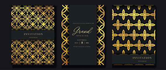 Luxury invitation card background vector. Golden elegant geometric shape, gold line gradient, flower on dark background. Premium design illustration for gala card, grand opening, party invitation.