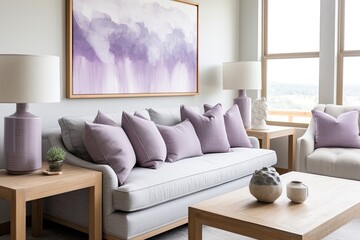 contemporary living room, lilac accents, white sofa, purple abstract art, Scandinavian interior design inspiration, ai generated