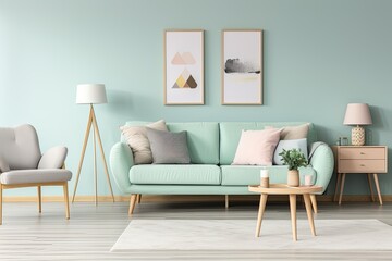 contemporary living room design, teal sofa and accents, ideal for modern home decor inspiration, ai generated
