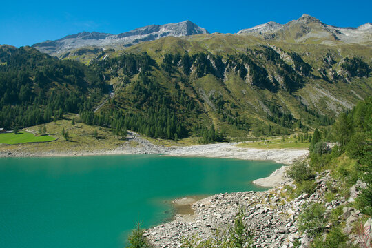 View of idyllic lake called Lago di Neves in Alto Adige Italy