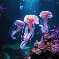 Glowing jellyfish swim deep in blue sea. Medusa neon jellyfish in ocean