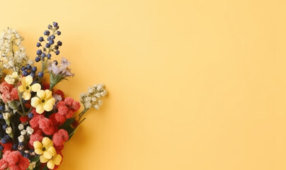 Artful arrangement of colorful berries and flowers.