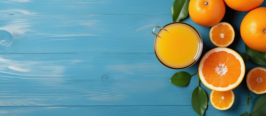 Freshly squeezed orange juice on blue table top from fresh oranges With copyspace for text - obrazy, fototapety, plakaty