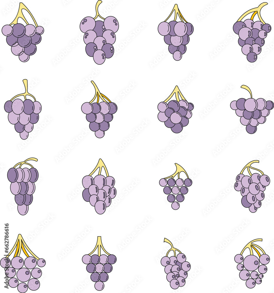 Poster grape wine bunch icons set. outline illustration of 16 grape wine bunch vector icons thin line color