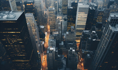 Aerial view at dusk, city lights twinkle below. - obrazy, fototapety, plakaty
