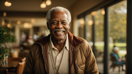 Happy beautiful elderly retired black man in a bar enjoying her retirement

