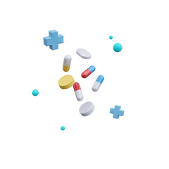 White, yellow and blue capsules isolated on transparent background. 3d render. PNG. Tablets, medicine concept. 3D rendering, ui, ux. Pills. Health. Shapes