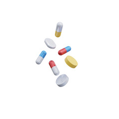 White, yellow and blue capsules isolated on transparent background. 3d render. PNG. Tablets, medicine concept. 3D rendering, ui, ux. Pills. Health.