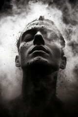Naklejka na ściany i meble Man in the clouds of smoke and dust. Stunning photorealistic portrait in black and white, generative art