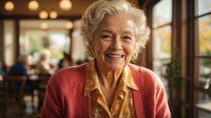 Happy beautiful elderly retired woman in a bar enjoying her retirement

