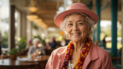 Happy beautiful elderly retired woman in a bar enjoying her retirement, they are colorful clothes and pink hat