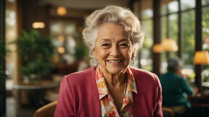 Happy beautiful elderly retired woman in a bar enjoying her retirement

