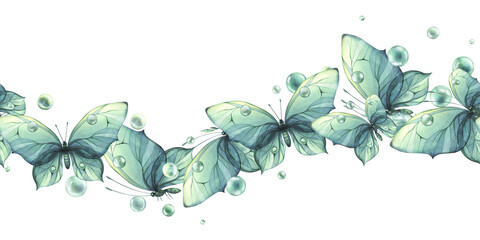 Delicate turquoise and blue butterflies with bubbles are airy, light, beautiful. Hand drawn watercolor illustration. Seamless border on a white background for fabric, textiles, wallpaper, packaging