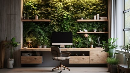 A tranquil home office with a living plant wall and natural textures - obrazy, fototapety, plakaty