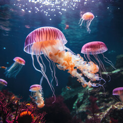 Fototapeta na wymiar Realistic jellyfish blue lightening, poisonous jellyfish in dark deep water, deep ocean creature