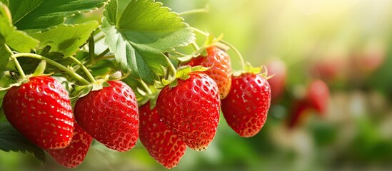 Close up of a natural strawberry bush in the garden producing ripe organic strawberries With copyspace for text - obrazy, fototapety, plakaty