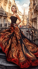 Abstract Oil Pianting of Glamorous Rich Woman Wearing a Browns Golds and Black Long Glamorous Flowing Dress Background