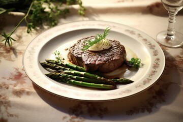 Beef steak with a classic garnish of asparagus and mushrooms on an antique porcelain plate