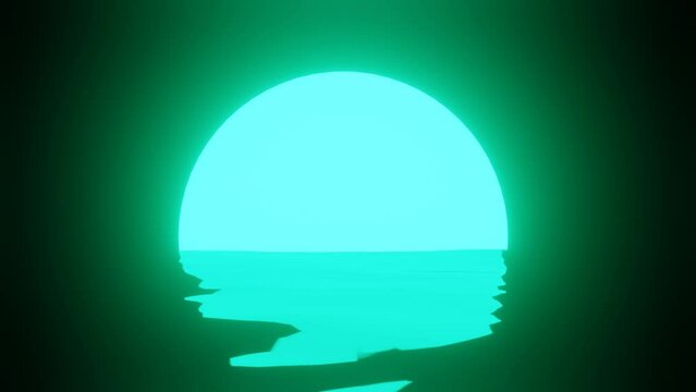 Bright green supermoon landscape over the wavy ocean in the dark night loop 4k