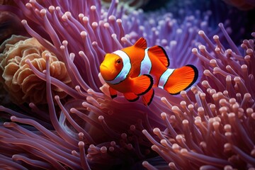 Naklejka na ściany i meble Amphiprion ocellaris clownfish and anemone in sea.