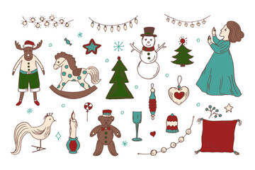Christmas doodle vector collection. New year celebration elements. Christmas decorations set. Hand-drawn vector illustration.