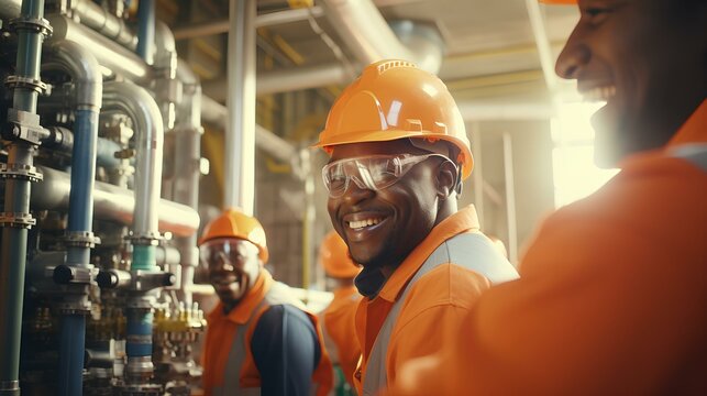 African-American men in uniforms and helmets, in the process of working at a gas production plant.