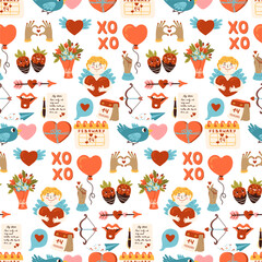 Valentines day vector seamless pattern. Gift, heart, balloon, kiss, key, candy, and other elements texture. Romantic Cartoon love wedding background