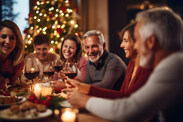 warm and cozy scene of family enjoying a meal together, Christmas party conversation and enjoying their time together