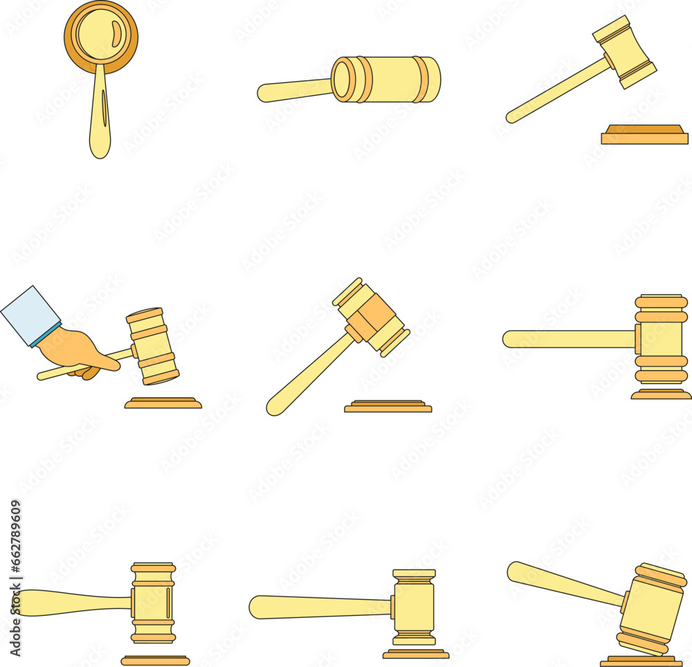 Poster judge hammer icons set. outline illustration of 9 judge hammer vector icons thin line color flat on 