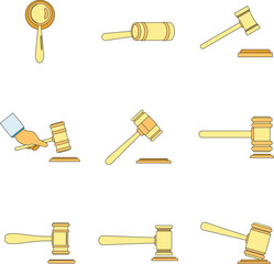 Judge hammer icons set. Outline illustration of 9 judge hammer vector icons thin line color flat on white