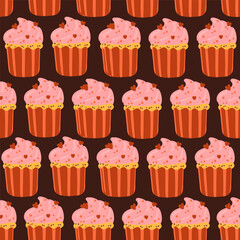 Cupcake with cream vector seamless pattern. Muffin with hearts texture. Romantic Valentine's day dessert background