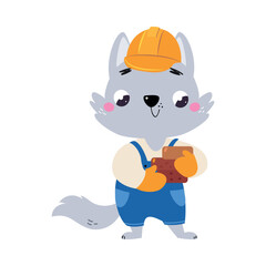Wolf Builder Character in Hard Hat Carry Bricks Vector Illustration