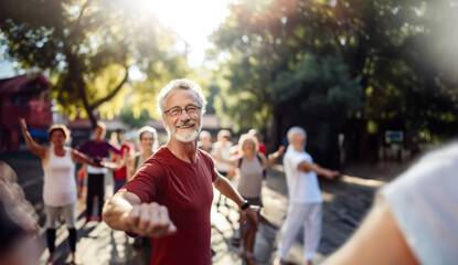 Group of people doing physical exercise outdoors, focus on a senior man taking care of his health. Generative ai
