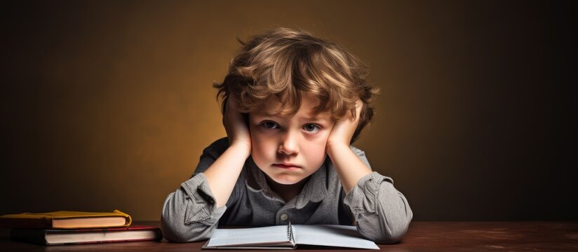 Annoyed and tired thinking child overwhelmed by homework With copyspace for text