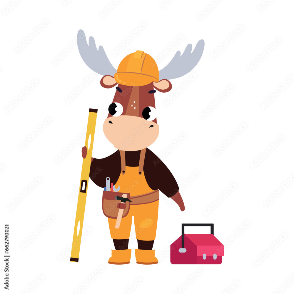 Poster elk builder character in hard hat standing with level and toolbox vector illustration