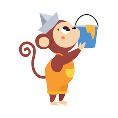Monkey Builder Character Hold Bucket Vector Illustration